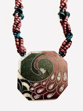 Exotic Peacock Pendant with Layered Wood Beads Necklace